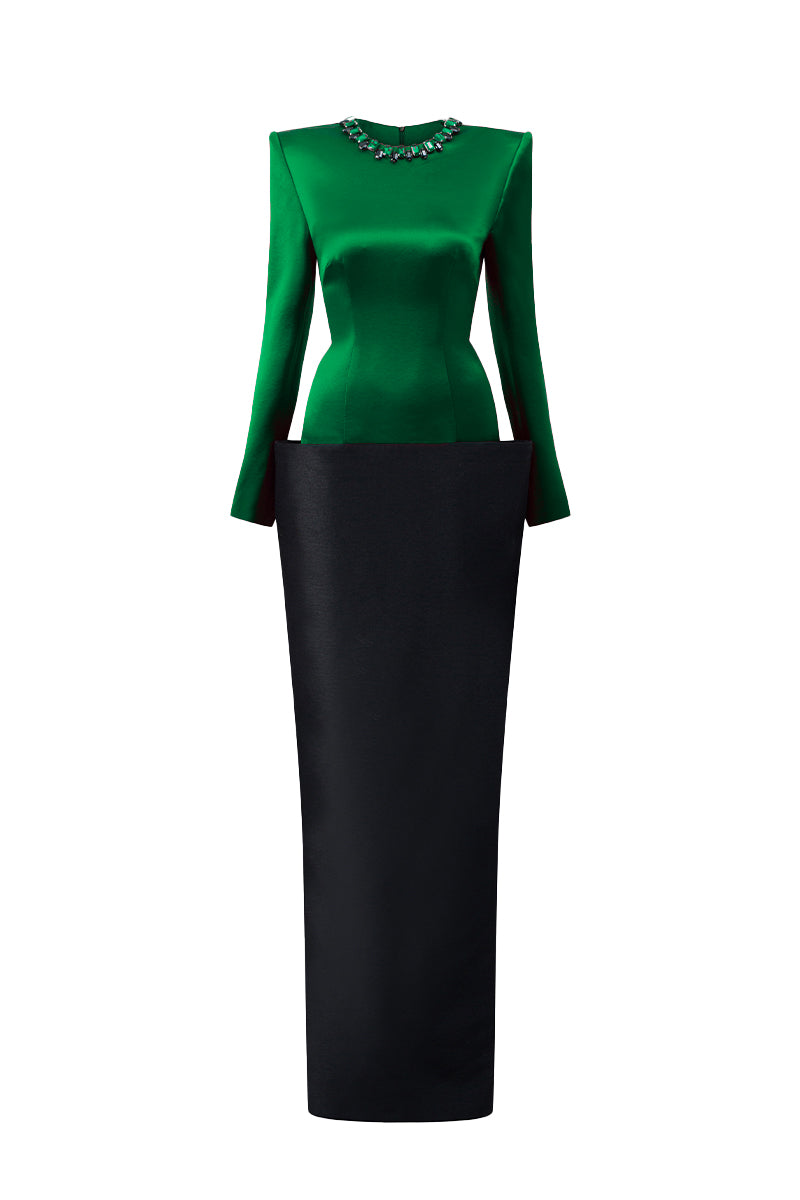 Round Neck Column Gown With V-Line Lower Skirt In Black Bamboo Taffeta And Dark Green Satin Silk