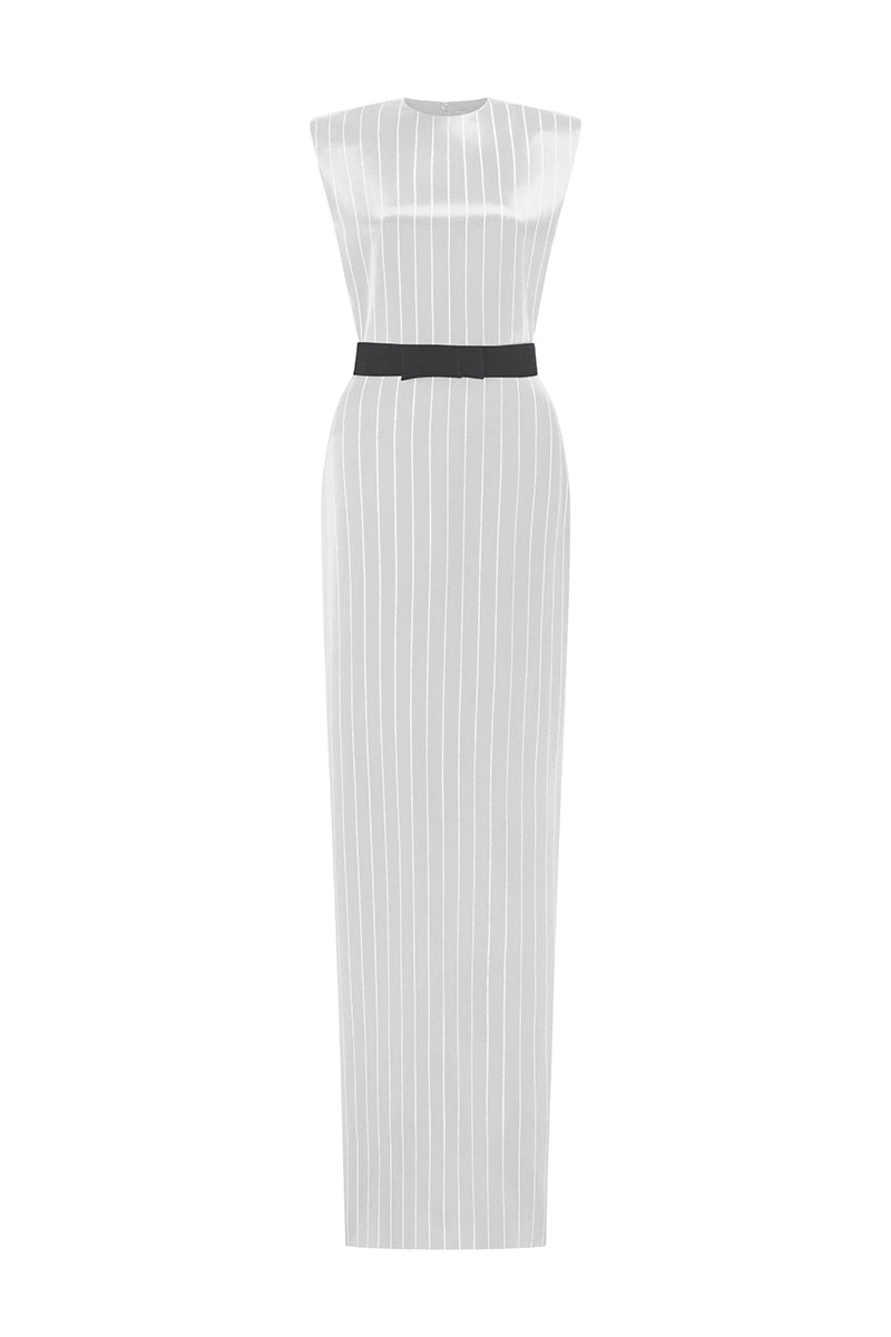 Round Neck Power Shoulder Stripped Column Gown In Green