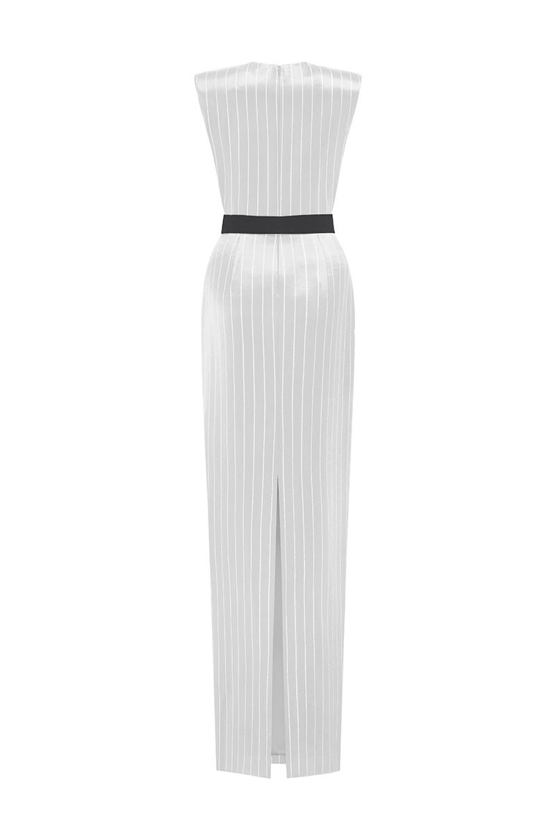 Round Neck Power Shoulder Stripped Column Gown In Green