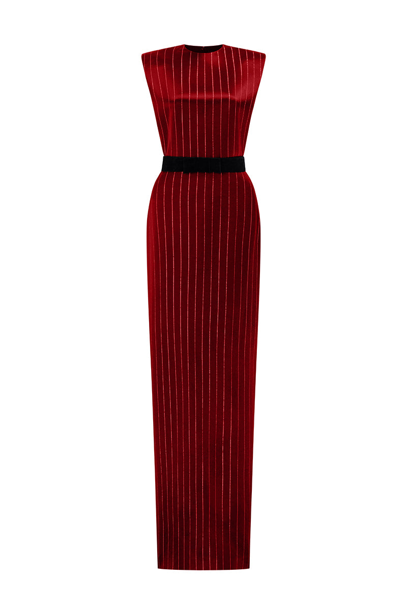 Round Neck Power Shoulder Stripped Column Gown In Green