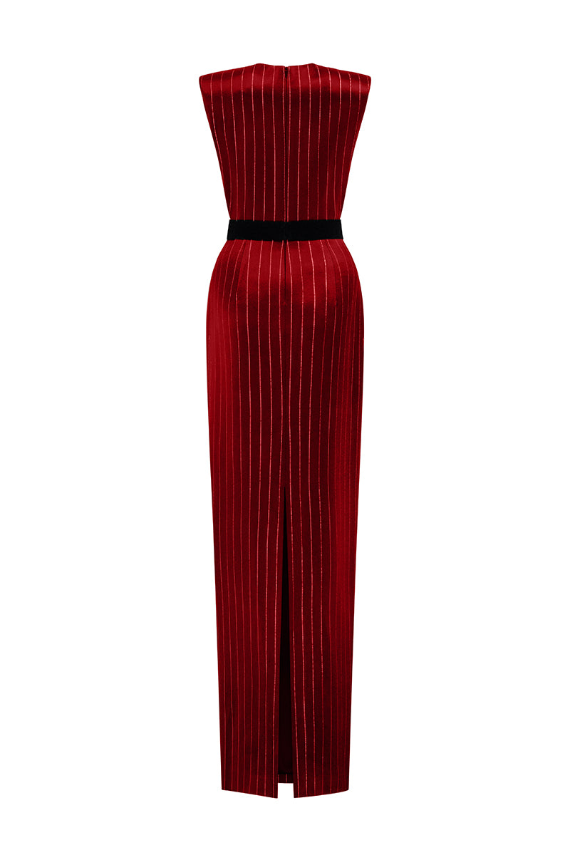 Round Neck Power Shoulder Stripped Column Gown In Green
