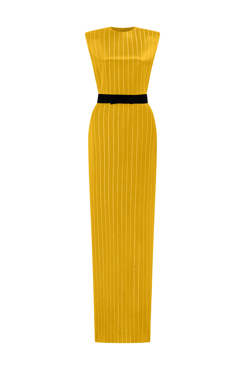 Round Neck Power Shoulder Stripped Column Gown In Green