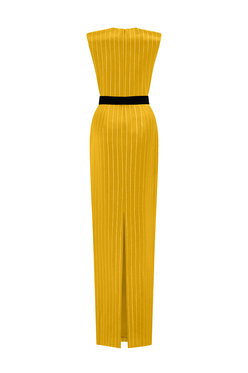 Round Neck Power Shoulder Stripped Column Gown In Green