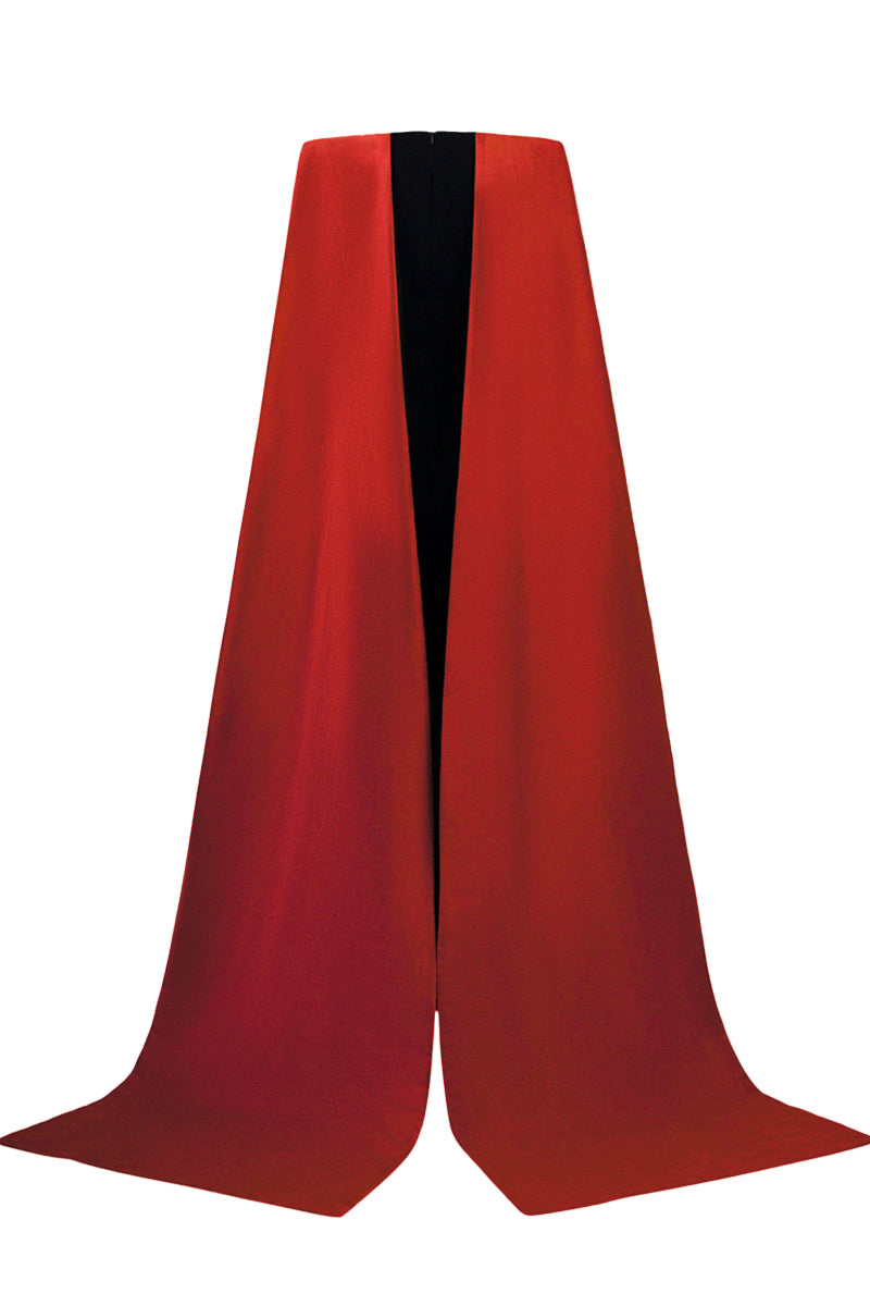 V Neck Column Gown With Draped Details In Dark Red Crepe And Grey Taffeta