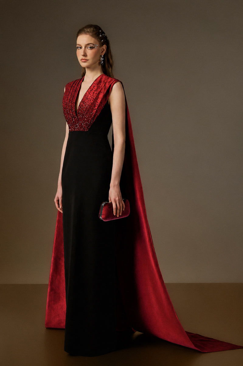 V Neck Column Gown With Draped Details In Dark Red Crepe And Grey Taffeta