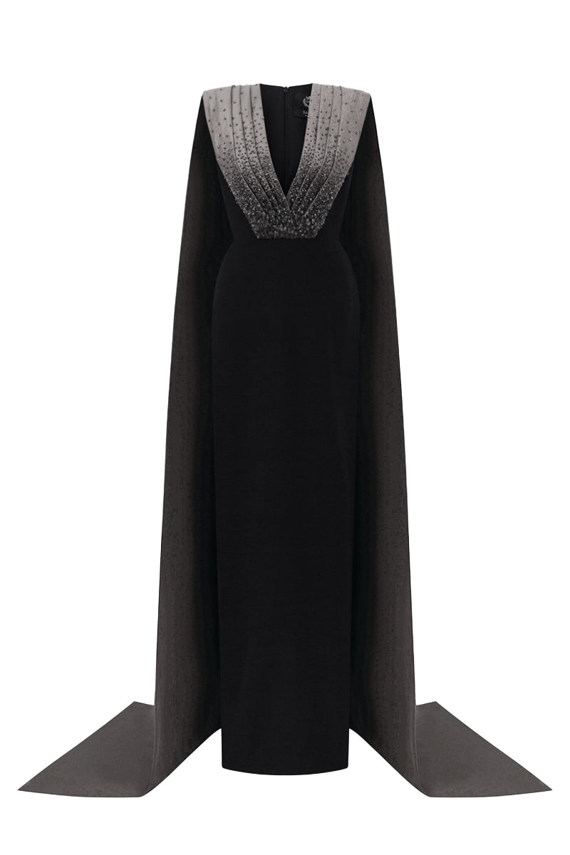 V Neck Column Gown With Draped Details In Black Crepe And Grey Taffeta