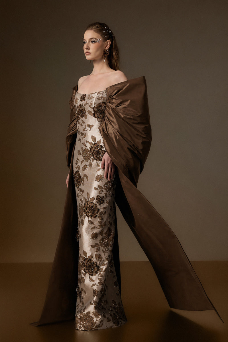 Bustier Column Gown With Draped Off-Shoulder Details In Brown Rose Branch Brocade & Taffeta