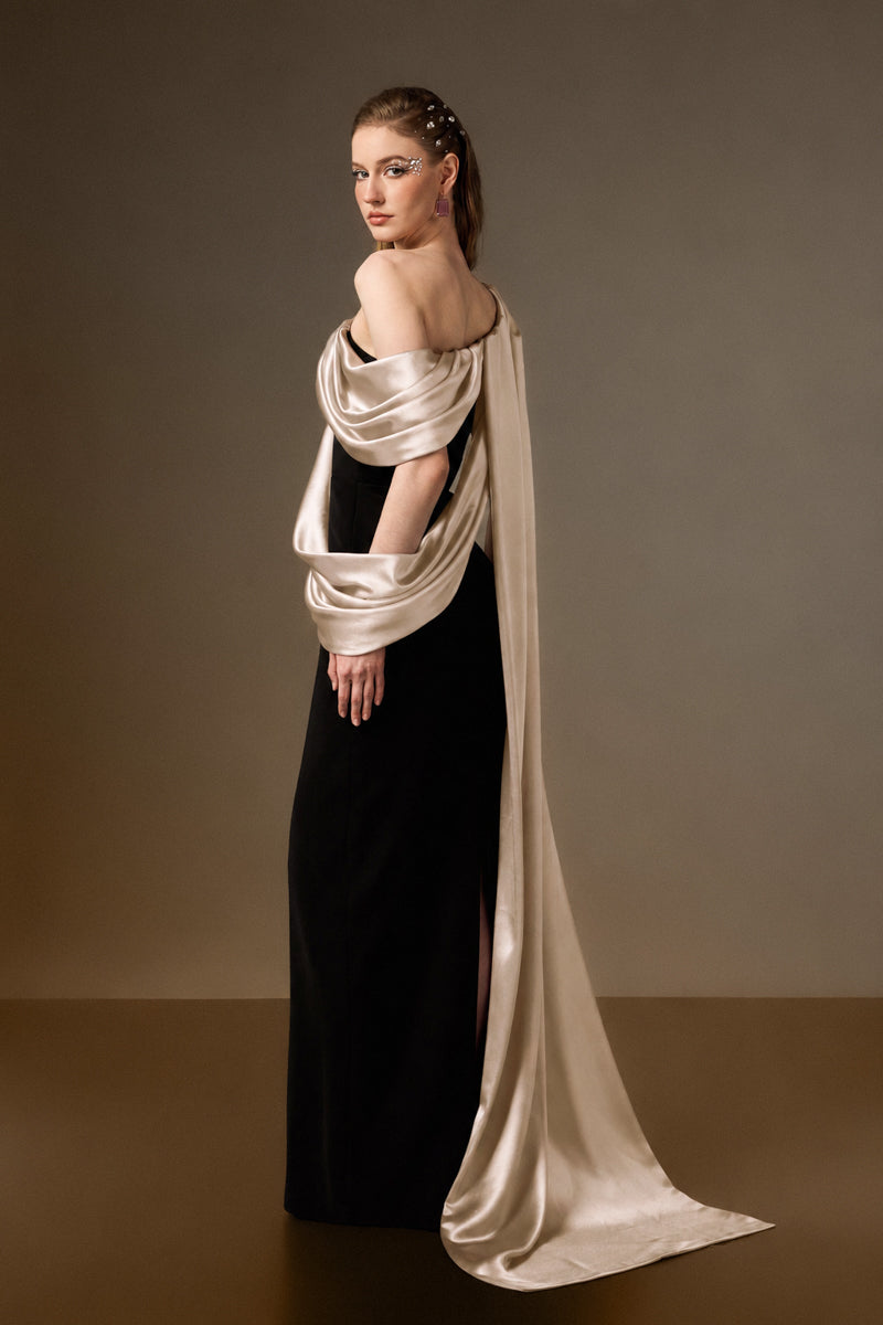 Bustier Column Gown With Asymmetric Draped Details In Black Crepe And Beige Silk