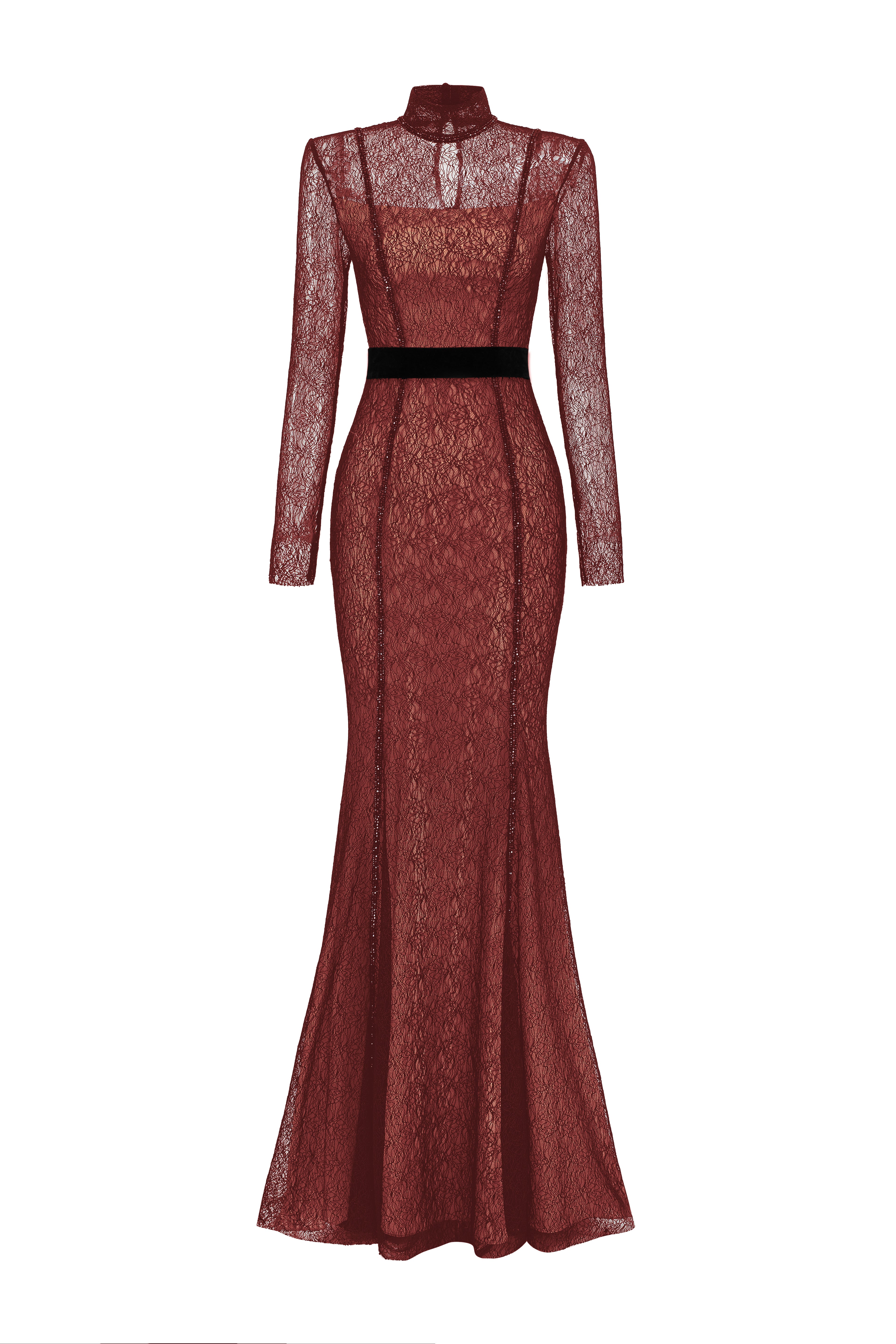 Stand Collar Mermaid Gown With Long Sleeve In Black Lace