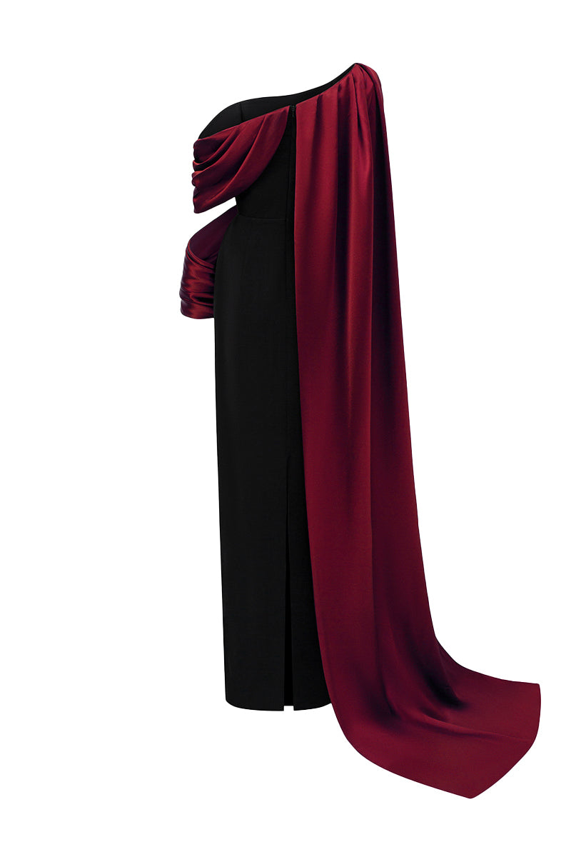 Bustier Column Gown With Asymmetric Draped Details In Black Crepe And Dark Red Silk