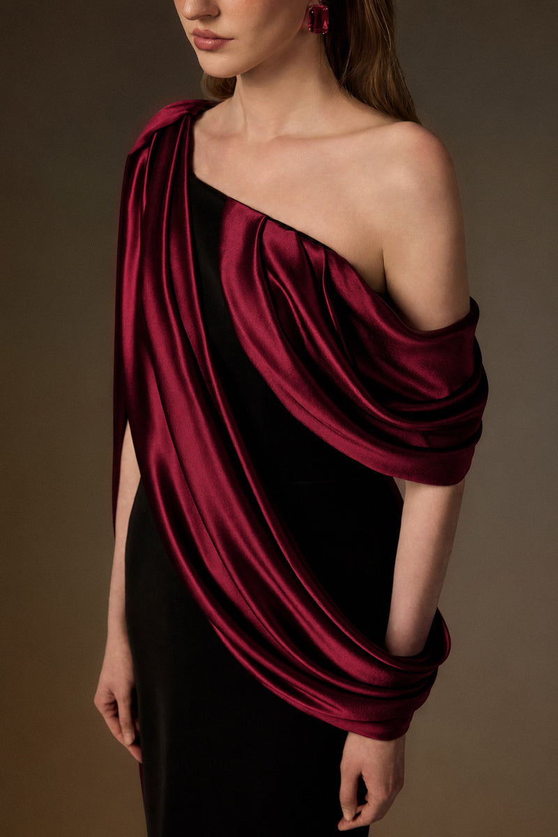 Bustier Column Gown With Asymmetric Draped Details In Black Crepe And Dark Red Silk