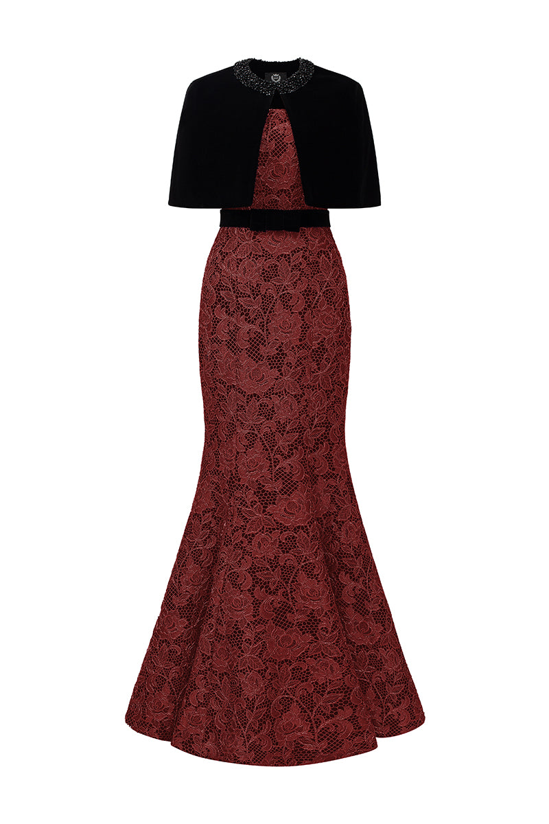 Burstier Mermaid Gown In Lace with Lyon Velvet Mini Cape And Belt