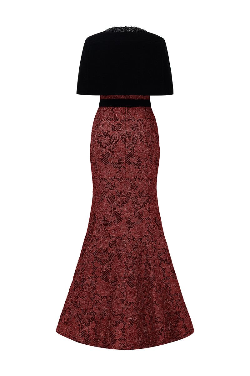 Burstier Mermaid Gown In Lace with Lyon Velvet Mini Cape And Belt