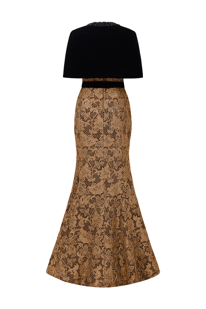 Burstier Mermaid Gown In Lace with Lyon Velvet Mini Cape And Belt