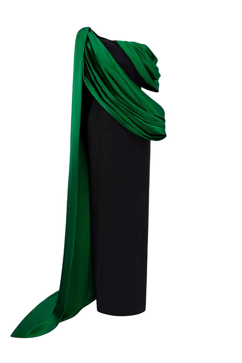 Bustier Column Gown With Asymmetric Draped Details In Black Crepe And Dark Green Silk