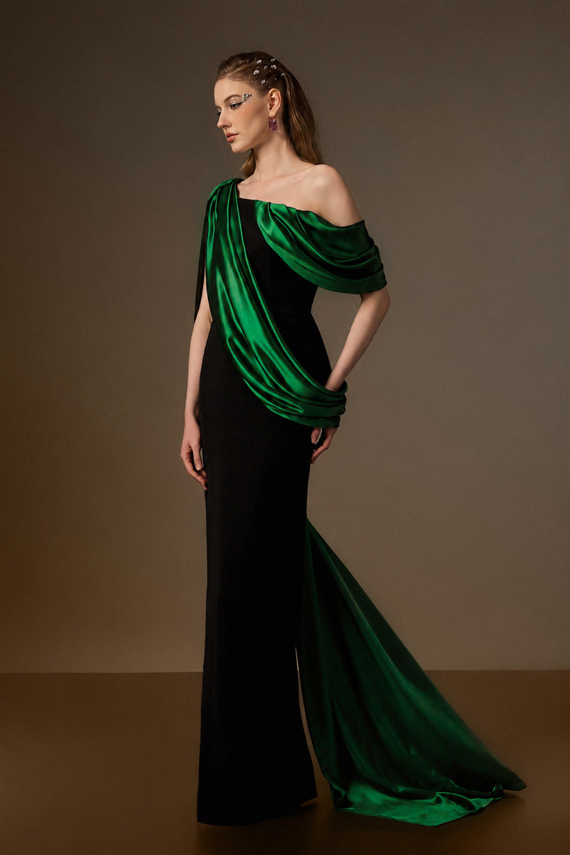 Bustier Column Gown With Asymmetric Draped Details In Black Crepe And Dark Green Silk