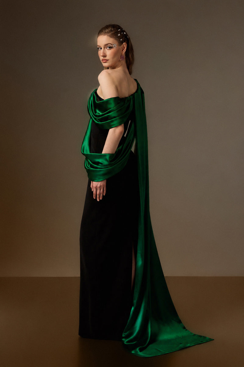 Bustier Column Gown With Asymmetric Draped Details In Black Crepe And Dark Green Silk