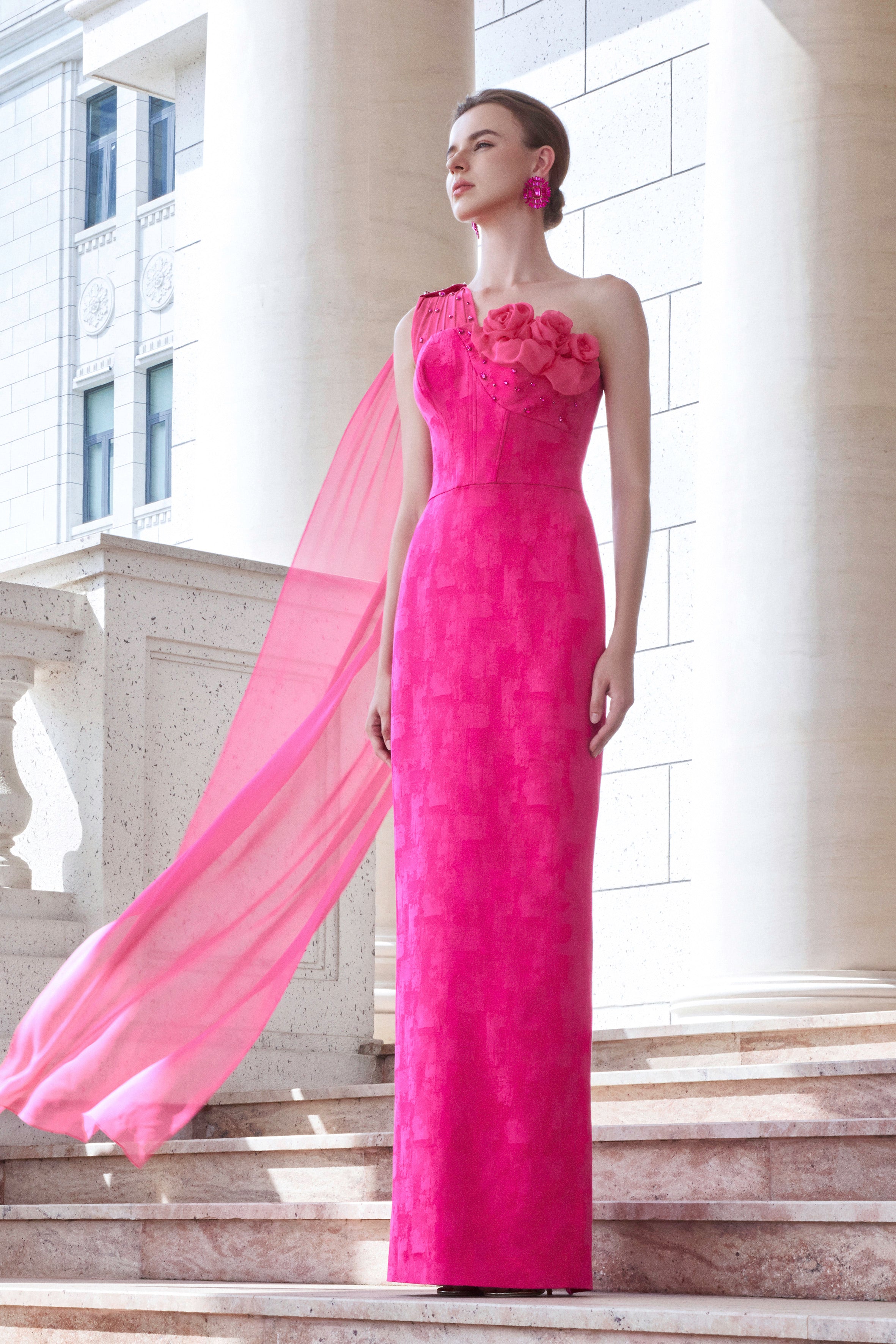 Chest Cup Asymmetric Dress With Roses Draped Detail