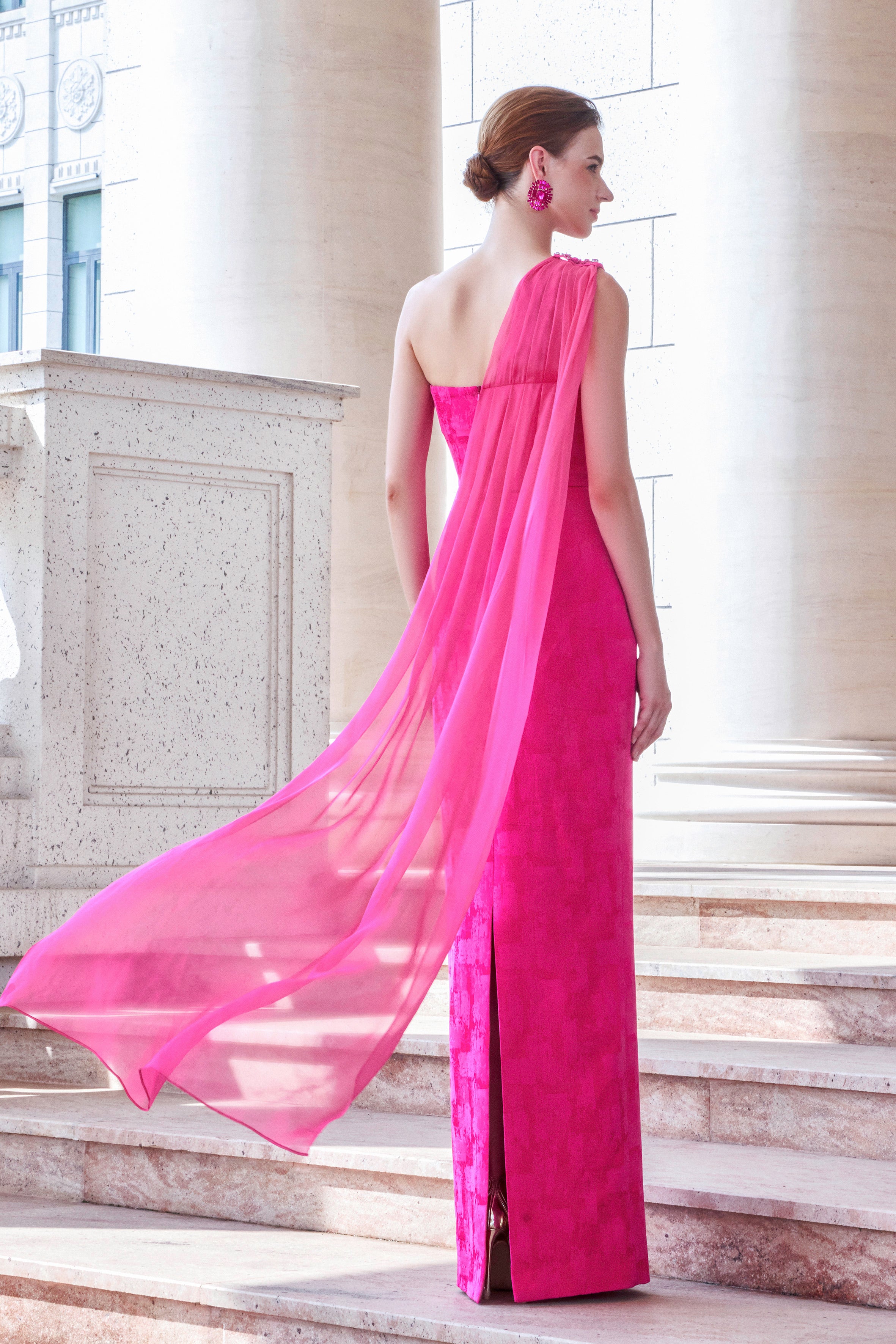 Chest Cup Asymmetric Dress With Roses Draped Detail