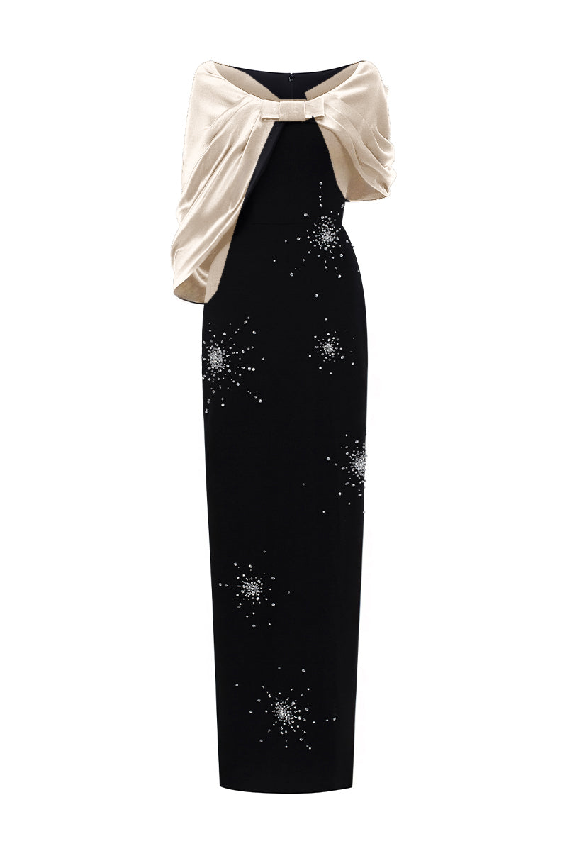 V Neck Column Gown With Draped Details In Black Crepe And Beige Satin Silk