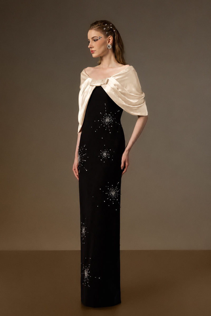 V Neck Column Gown With Draped Details In Black Crepe And Beige Satin Silk