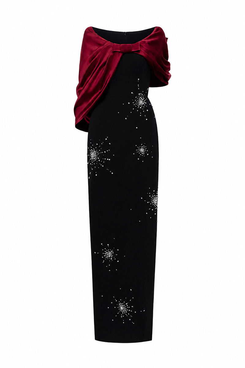 V Neck Column Gown With Draped Details In Black Crepe And Dark Red Satin Silk
