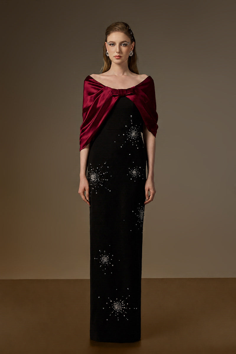 V Neck Column Gown With Draped Details In Black Crepe And Dark Red Satin Silk