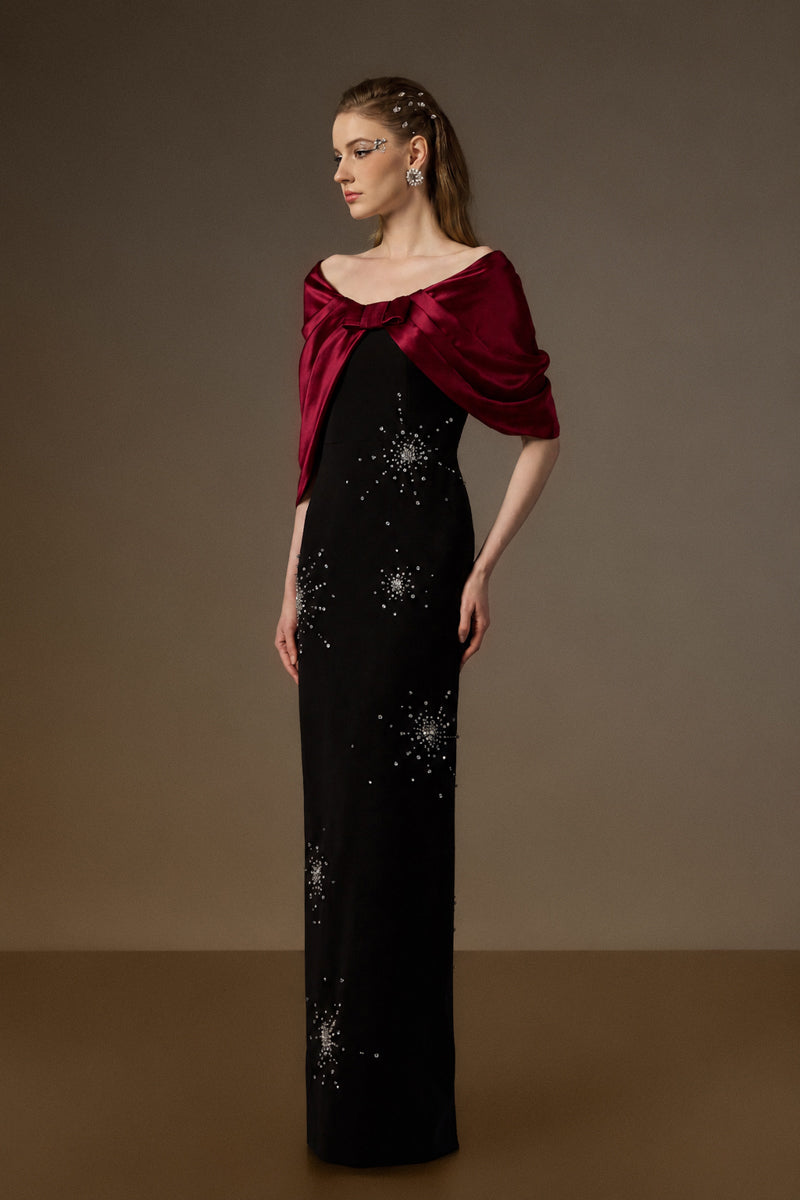 V Neck Column Gown With Draped Details In Black Crepe And Dark Red Satin Silk