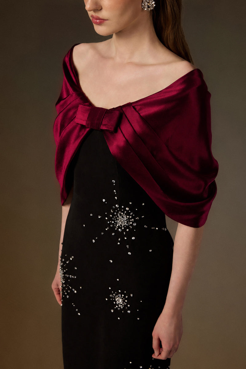 V Neck Column Gown With Draped Details In Black Crepe And Dark Red Satin Silk