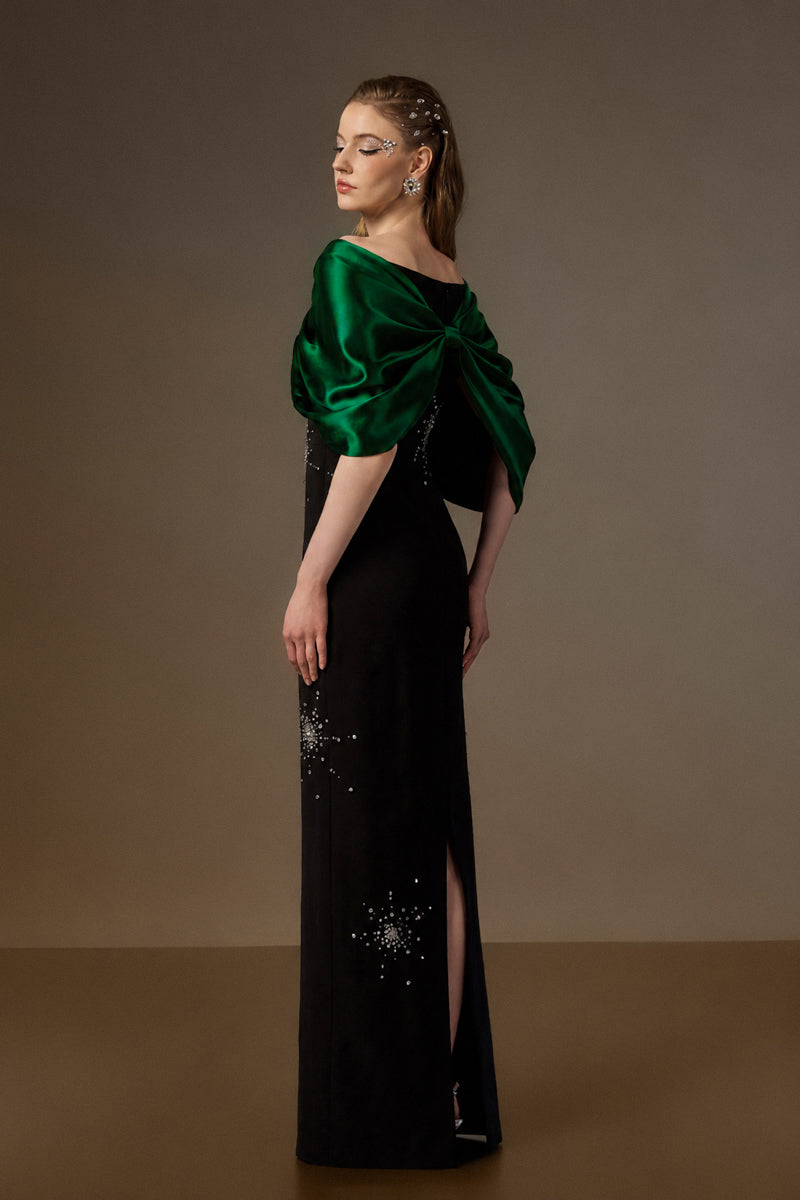 V Neck Column Gown With Draped Details In Black Crepe And Dark Green Satin Silk