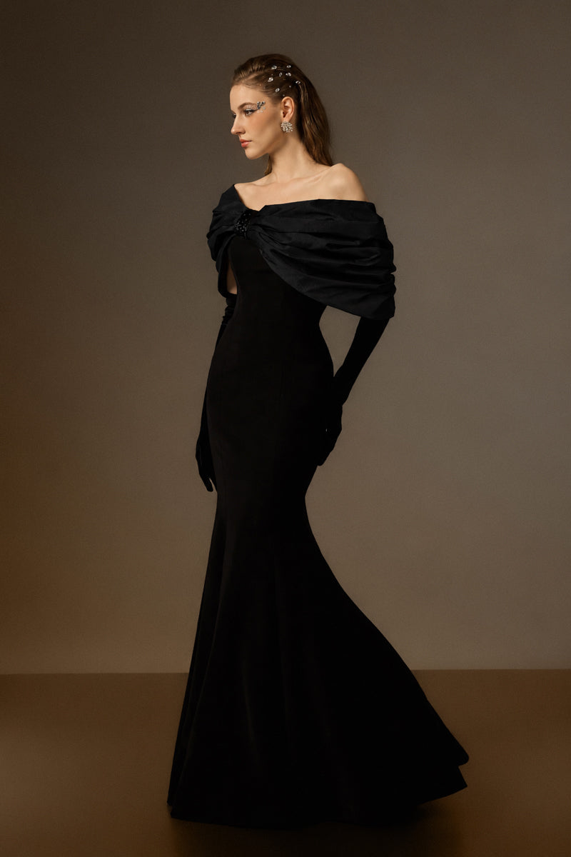 One Shoulder Mermaid Gown With Bust Bow In Black Crepe And Black Taffeta