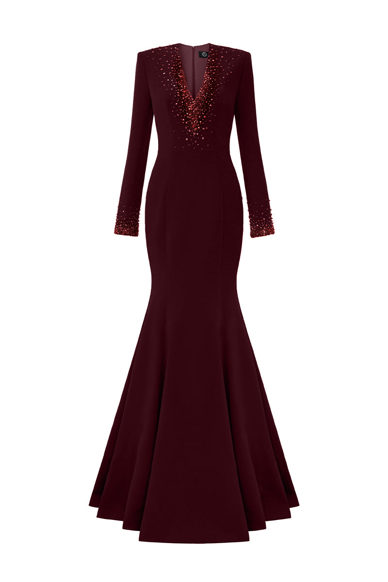 V-Neck Column Gown With Long Sleeves