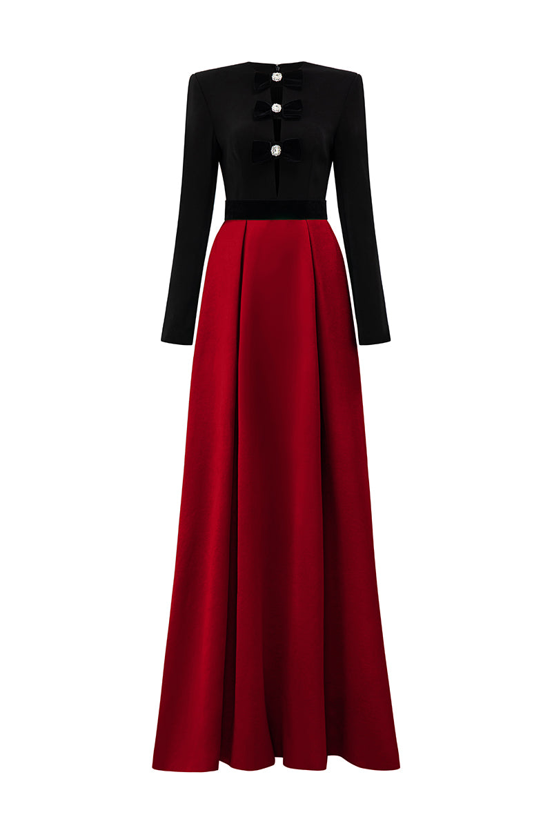 V-Cut Column A-line Gown With Long Sleeves In Dark Red