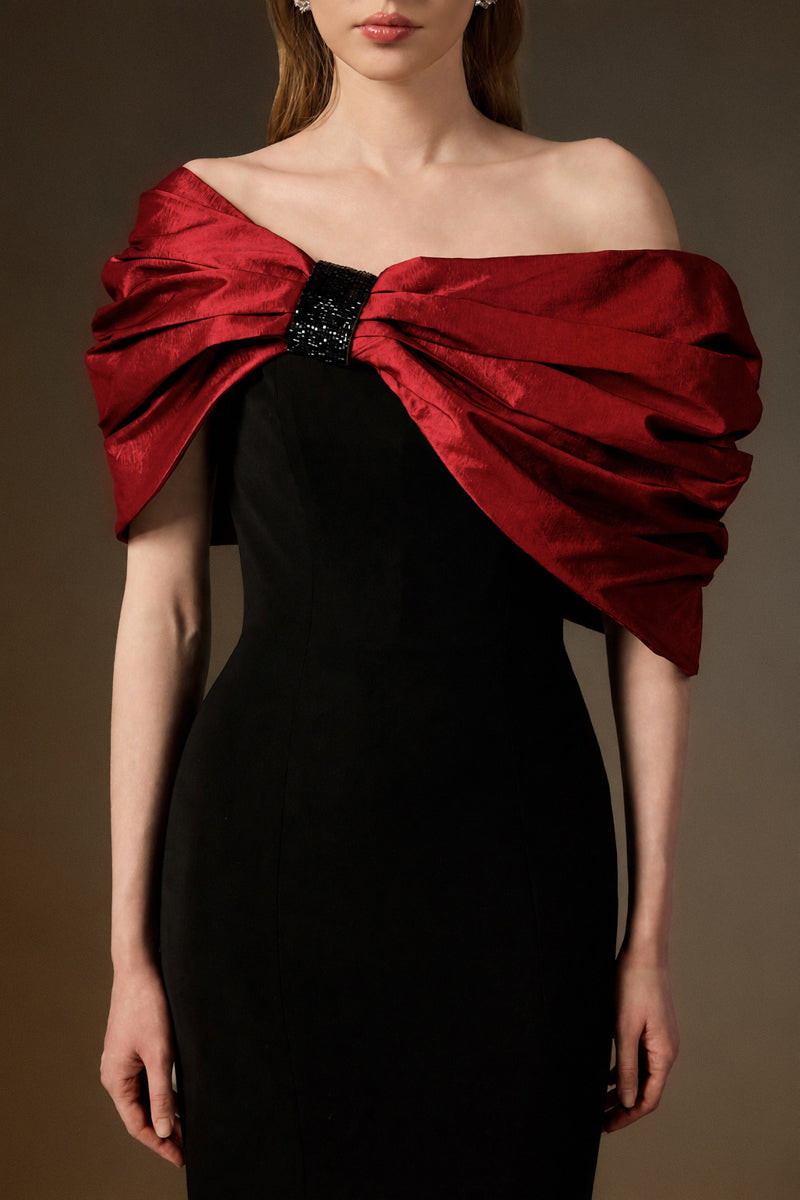 One Shoulder Mermaid Gown With Bust Bow In Black Crepe And Dark Red Taffeta