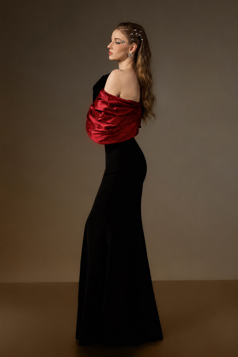 One Shoulder Mermaid Gown With Bust Bow In Black Crepe And Dark Red Taffeta