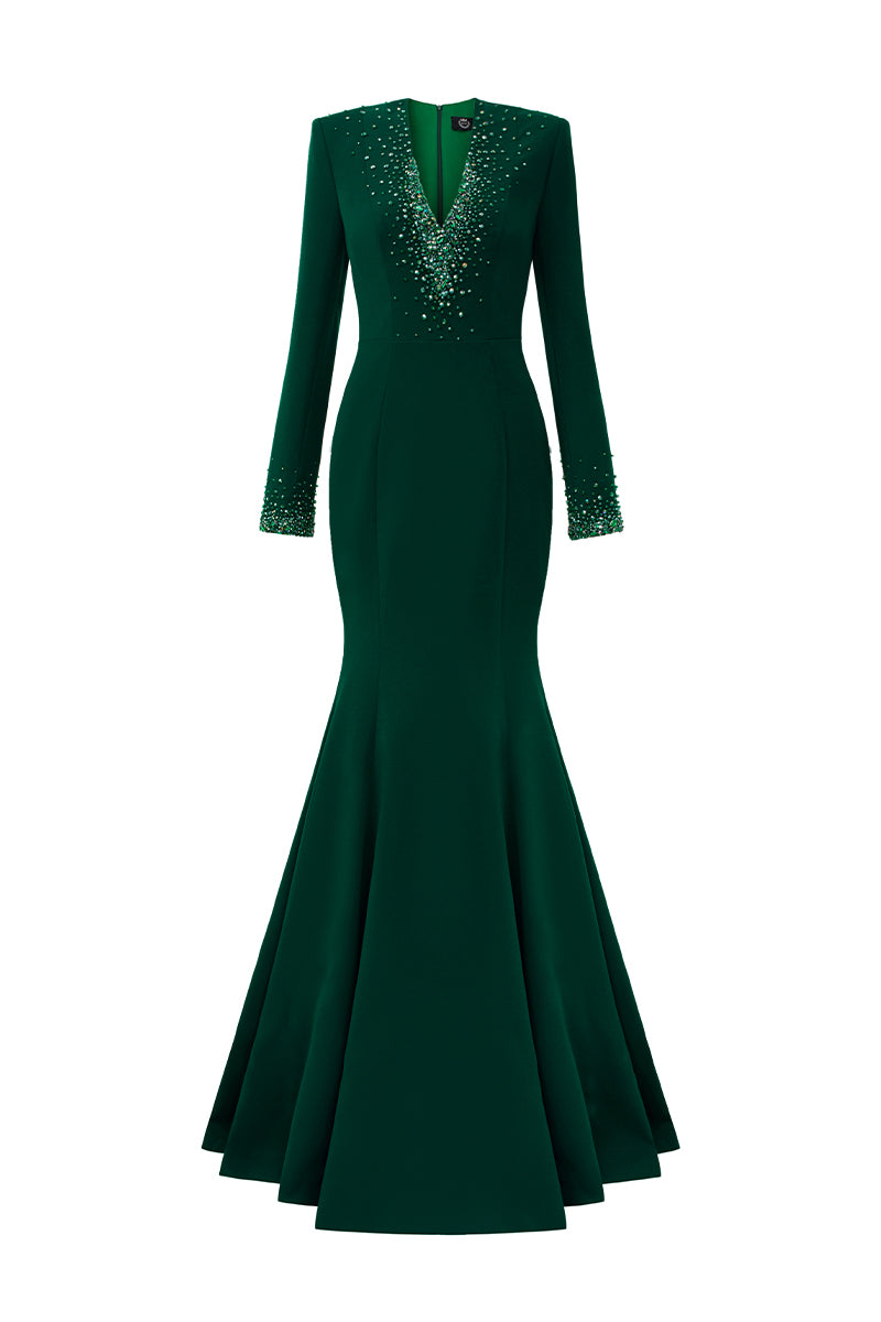 V-Neck Column Gown With Long Sleeves