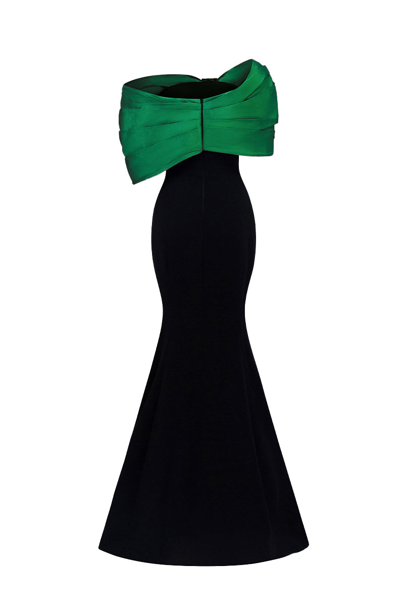 One Shoulder Mermaid Gown With Bust Bow In Black Crepe And Dark Green Taffeta