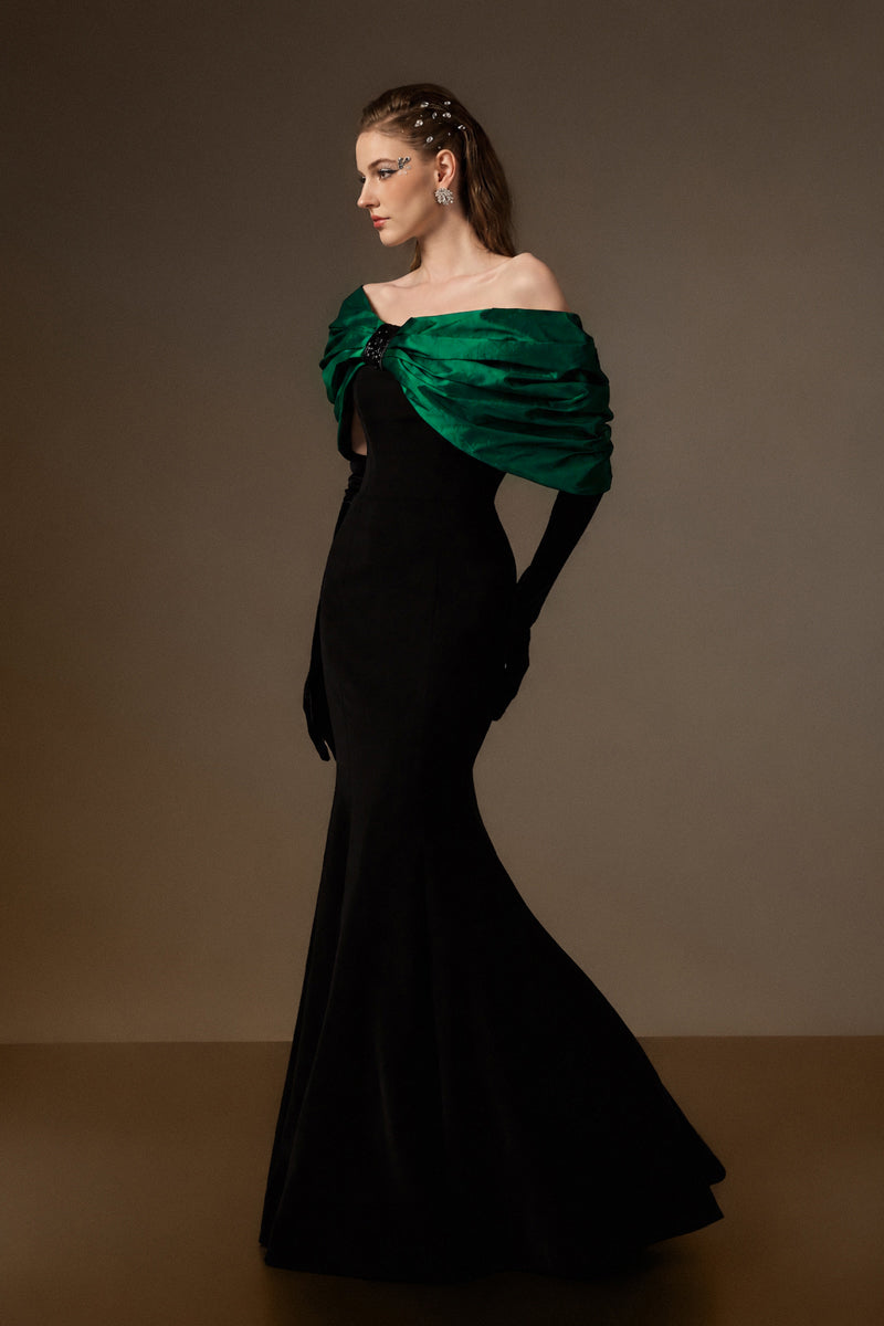 One Shoulder Mermaid Gown With Bust Bow In Black Crepe And Dark Green Taffeta