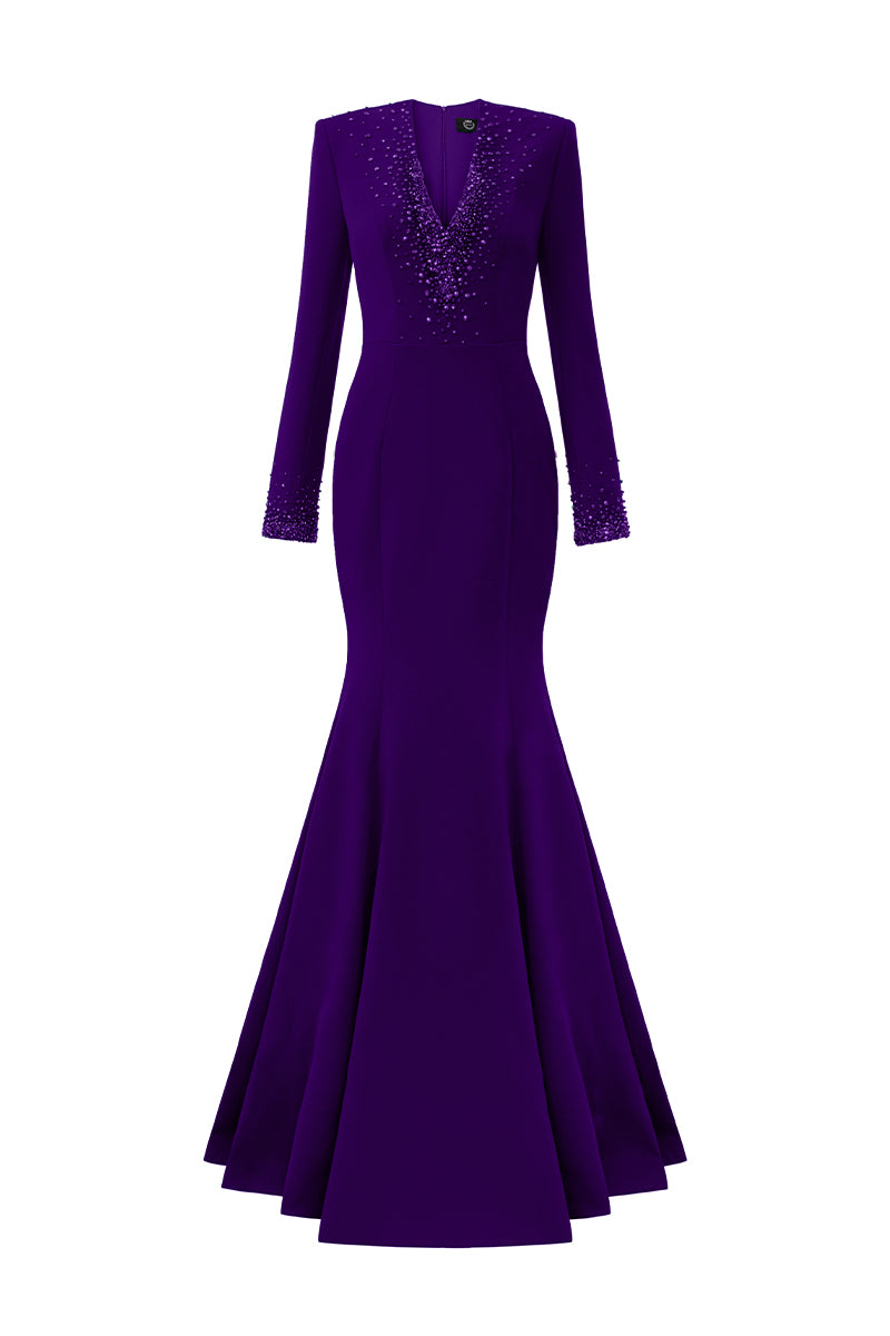 V-Neck Column Gown With Long Sleeves
