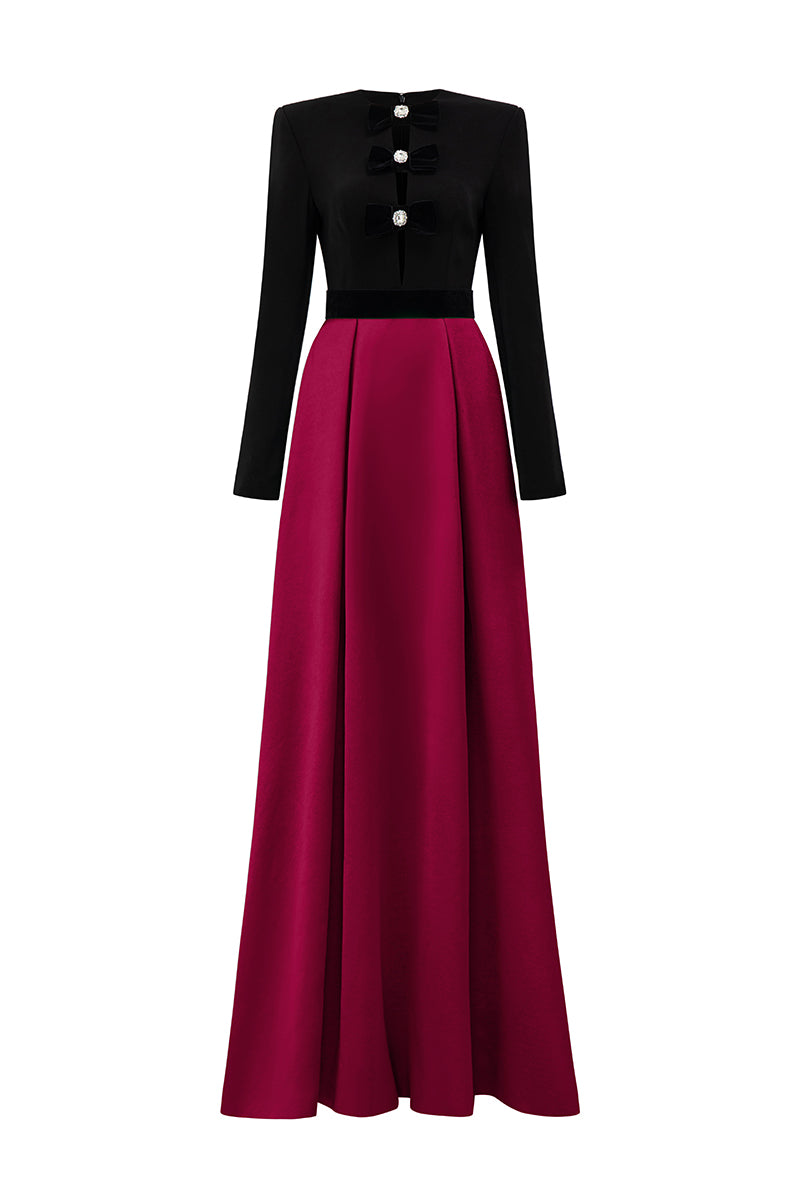 V-Cut Column A-line Gown With Long Sleeves In Dark Pink