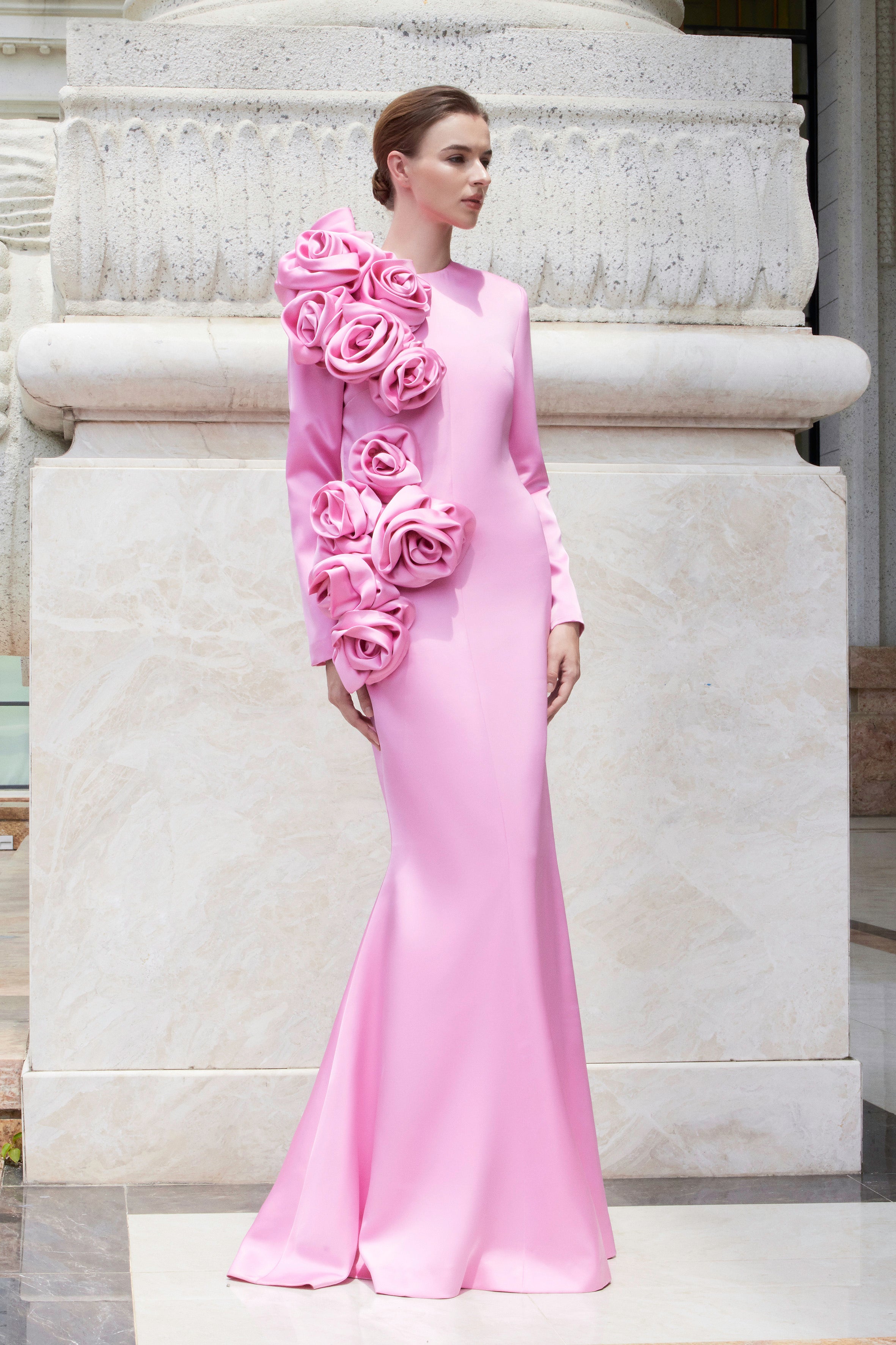 Long Sleeves Dress With Draped Roses Detail