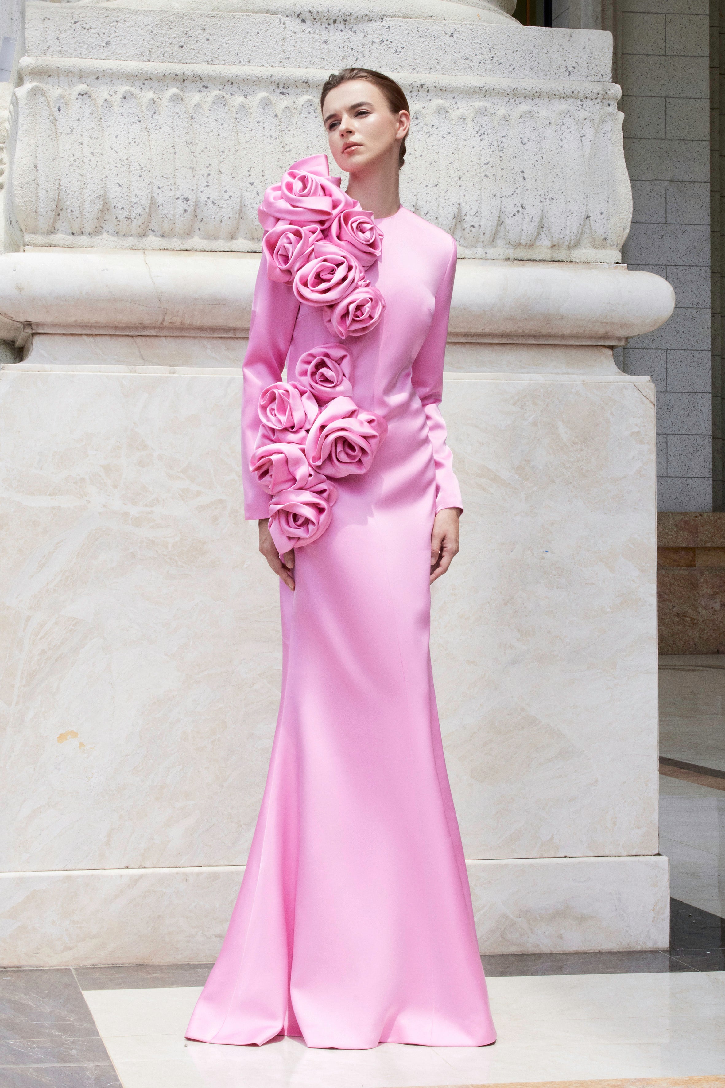 Long Sleeves Dress With Draped Roses Detail