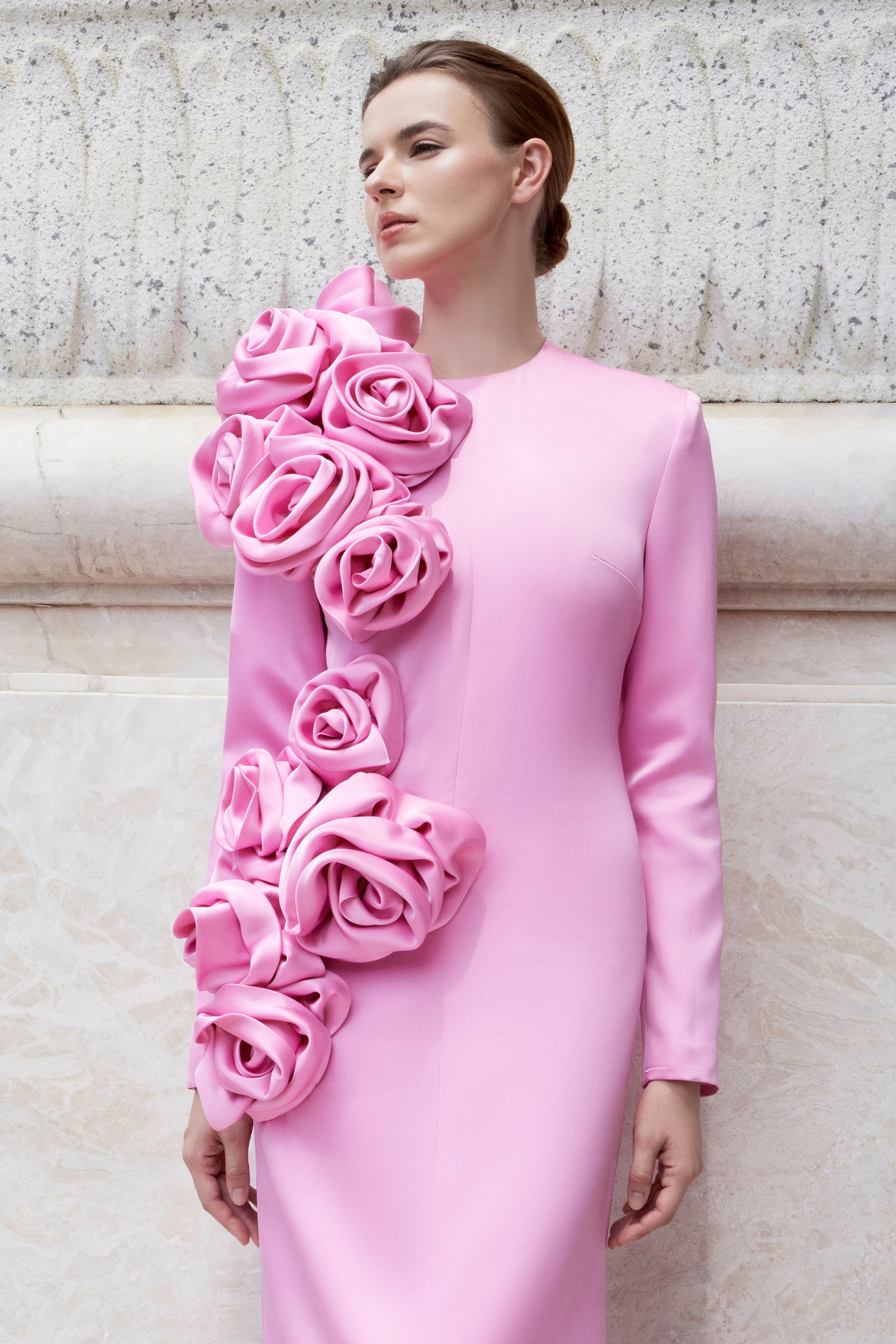 Long Sleeves Dress With Draped Roses Detail