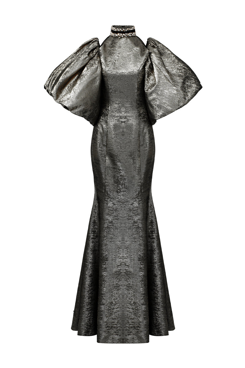 Turtleneck Collar Mermaid Gown With Puff Sleeves