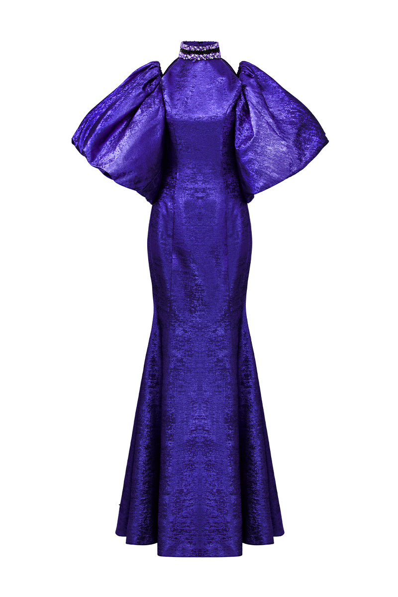 Turtleneck Collar Mermaid Gown With Puff Sleeves