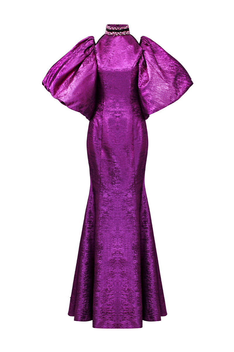 Turtleneck Collar Mermaid Gown With Puff Sleeves