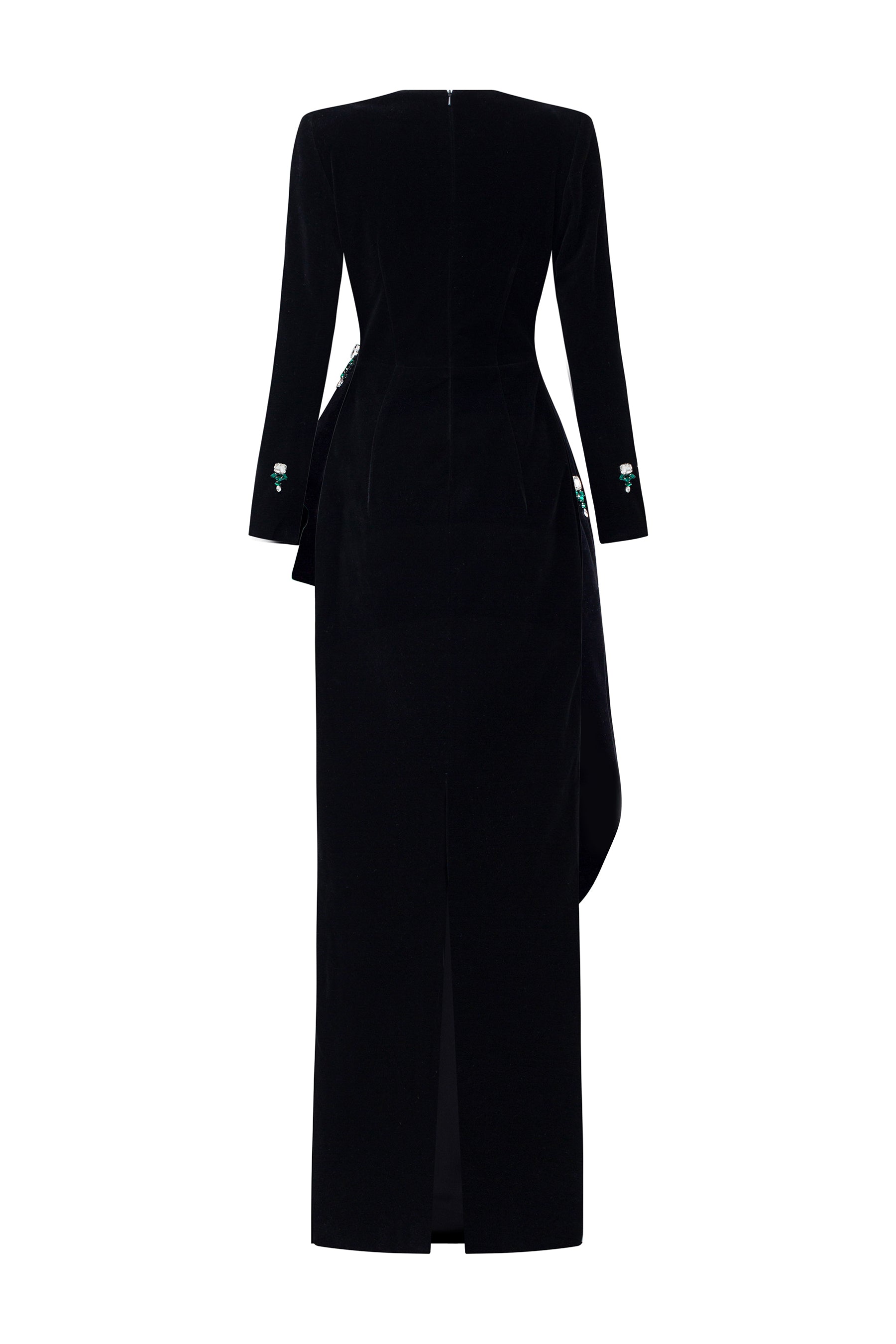 Queen Anne Neckline and Draped Waist Black Velvet Gown