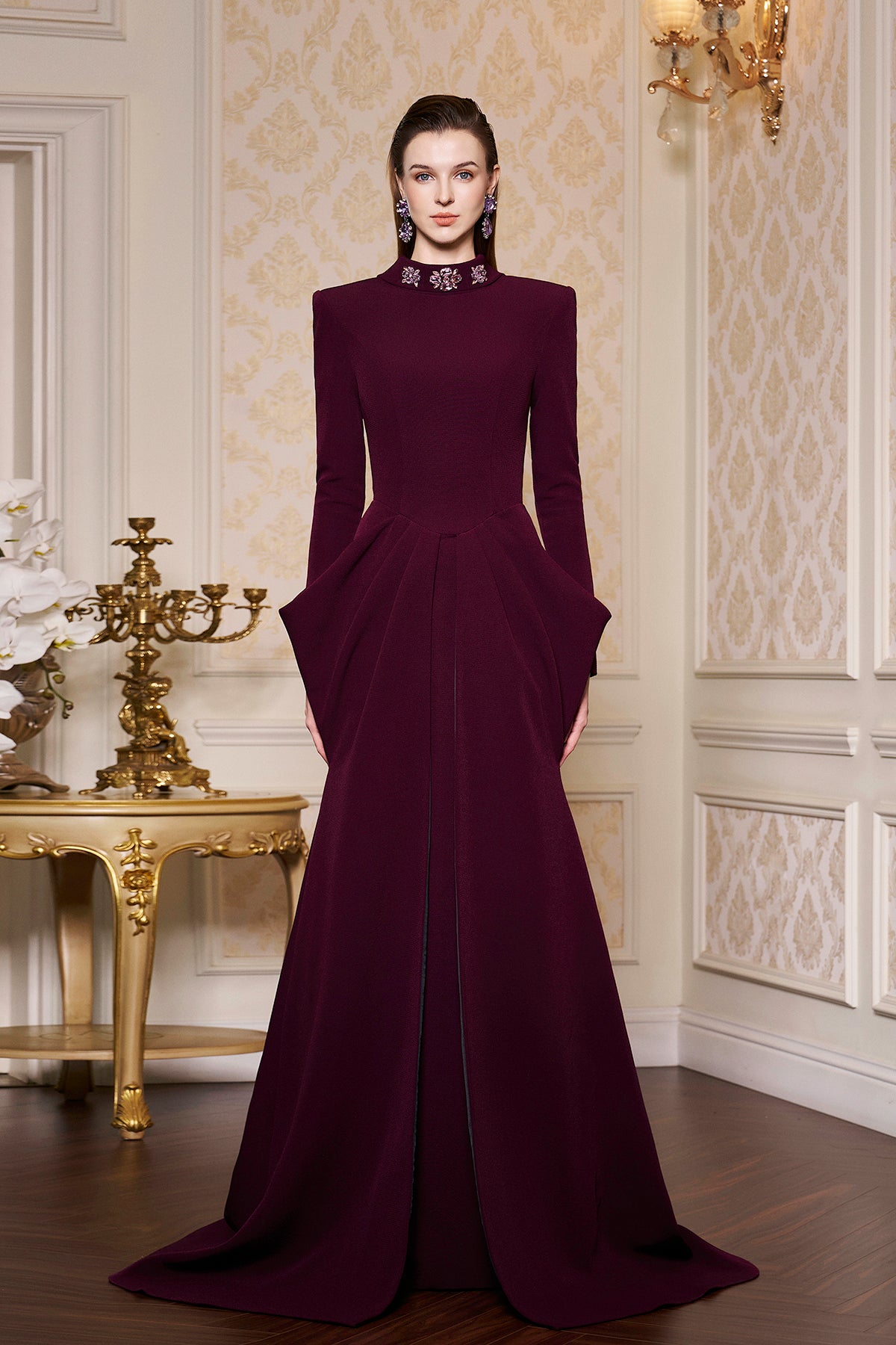 De-Constructed Collar With Draped Waist Scuba Gown