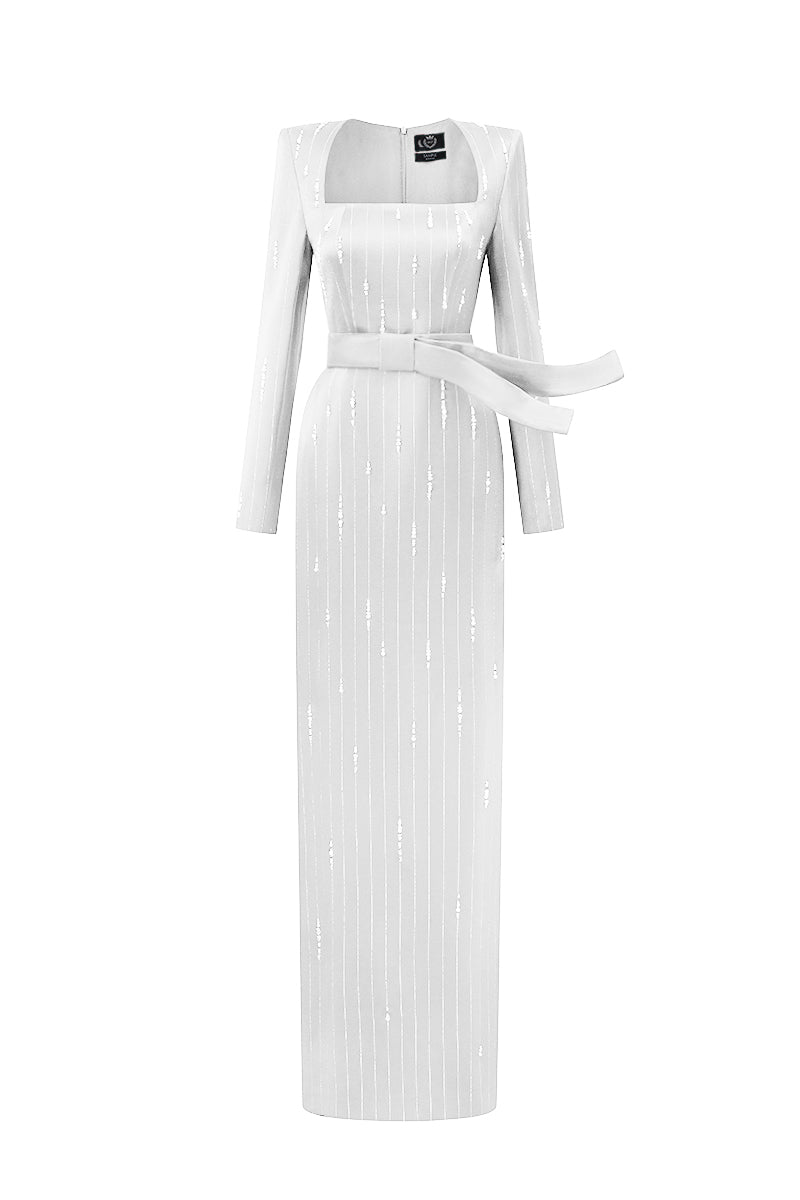 Trapeze Neck Column Gown With Belt Resembling A Wind-Blown Train In White Metallic Striped Silk