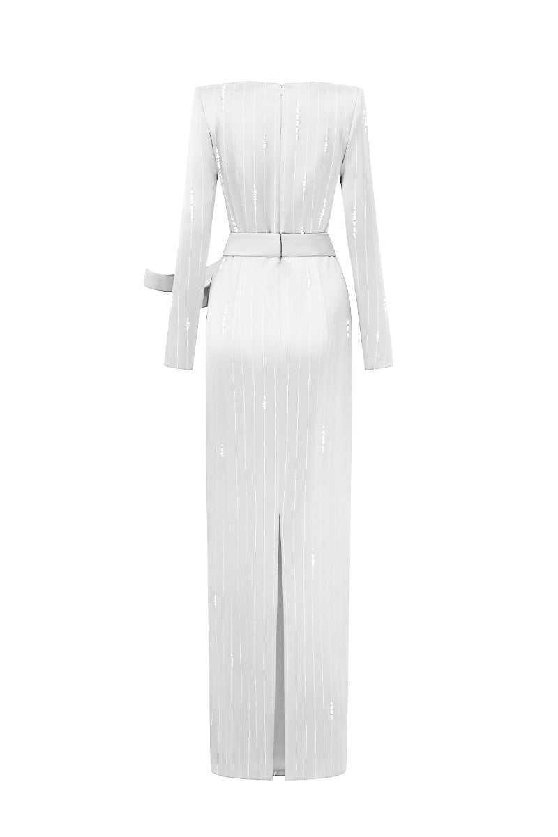 Trapeze Neck Column Gown With Belt Resembling A Wind-Blown Train In White Metallic Striped Silk